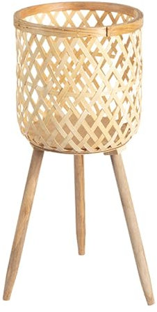 Bambooo Plant Stand - Tall Decorative Wooden Plant Stand Holder With Handwoven Bamboo Basket