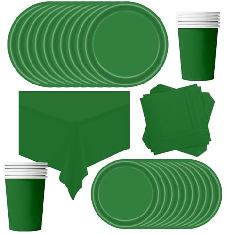 POPOYU Vajilla de fiesta de cumpleaños infantil, color verde, 69 unidades, juego de platos de papel, mantel de papel, tazas, platos, servilletas para Navidad, cumpleaños, bodas, aniversarios (16