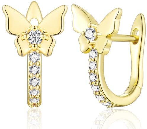 MASOP Schmetterling Ohrringe Klein 7mm Creolen Stecker Silber 925 Vergoldet AAA Zirkonia Geschenke Butterfly für Damen Frauen