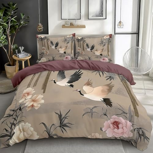 Quixora Bettwäsche 135 x 200 cm Wende Bettbezug Set 3 Teilig, Rot Braun, Muster Orientalischer Kranich Pfingstrose und Orchidee, Weiche Microfaser Bettbezug mit Reißverschluss und 80x80cm Kissenbezug