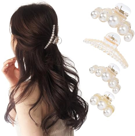 Esshogo 4 Stück Haarklammer Perlen, Haarspangen Damen, Neue Elegante Französische Perlen Damen Haarspangen, Haarspangen, Haar Zubehör, Geeignet für Hochzeiten, Partys, Alltag