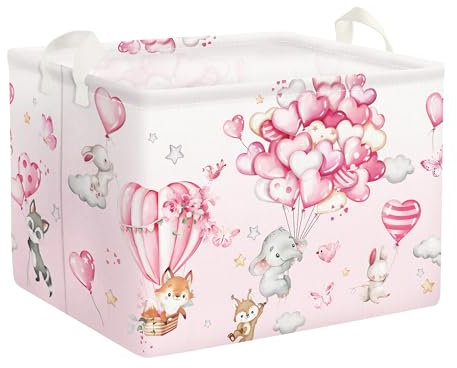 Clastyle Hot Air Balloon Animal Baby Laundry Hamper Collapsible Pink Clothes Kids Storage Basket Waterproof Girls Toy Box for Nursery Room, Heart, 40 * 30 * 30 cm