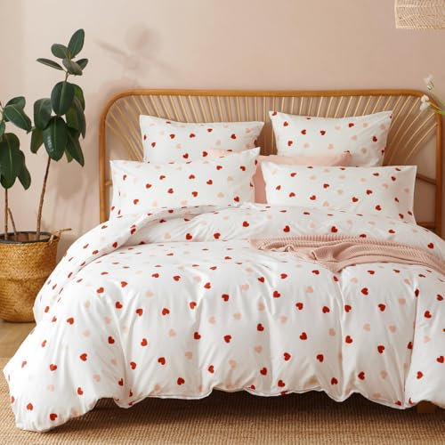 Lanqinglv Bettwäsche 200x220 cm Mädchen Weiß Rosa Rot Herzen Microfaser Bettwäsche Set Bettbezug mit Reißverschluss und 2 Kissenbezug 80x80 cm,ÖkoTex Zertifiziert & für Allergiker Geeignet