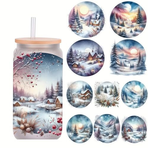 5pcs Winter Snow Scene UV DTF Cup Wraps Transfer Waterproof Sticker for Glass Cups Furniture Craft DIY Crafts，Rub on Transfer Stickers for DIY Water Bottle Laptop Decal Wood Car