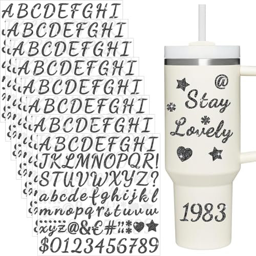 8 Sheets Glitter Letter Stickers for Cup, Alphabet Name Stickers for Water Bottles,Vinyl Waterproof Personalized Letter Number Name Tags Logo Sticker for Scrapbooking Tumbler Accessories(Black)