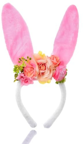 YUNHENTONG Osterhasen Haarreif, Niedlich Hasenohren Haarreif mit Realistischen Blumen, Interessant Bunny Ears Kinder Erwachsene, Ostern Hasen Haarreifen für Osterpartys Zubehör (Rosa -A)