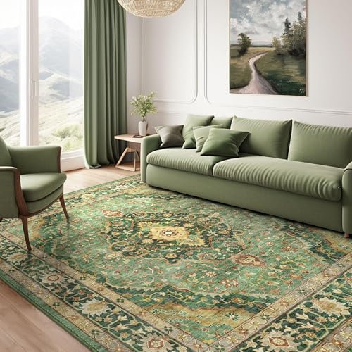 AAFUOO Grüner Teppich, Teppich für Wohnzimmer und Schlafzimmer, waschbarer orientalischer Vintage-Teppich, große rutschfeste Teppiche, Teppich im Used-Look für Esszimmer (Bordüre), 160 x 200 cm