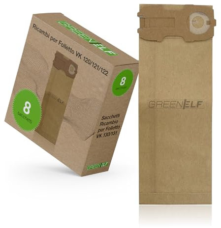 8 Sacchetti Folletto VK120/121/122 Compatibili – 1 Confezione da 8 in Carta Multistrato – Alta Filtrazione Polveri e Allergeni – 1 Anno di Autonomia – Facili da Montare