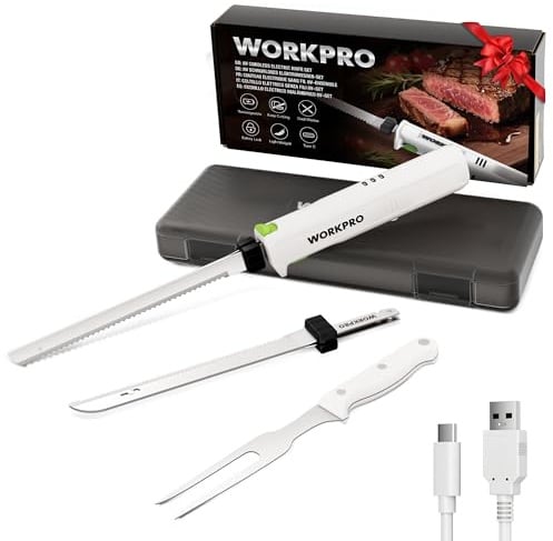 WORKPRO Elektromesser 8V, Kabelloses Küchenmesser, Weiß | 2 Edelstahlklingen, Elektrisches Messer mit Gabel, 2000 mAh Akku, Präzises Schneiden von Brot, Fleisch, mit Aufbewahrungsbox