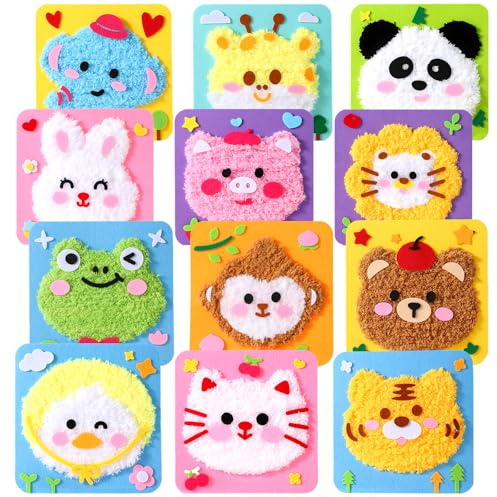 12 Stücke DIY Stickbilder Kinder Select Zone Nähset nähen Set Cartoon Tiere Nähspass für Kinder aus Wolle Bastelset Mädchen und Jungen ab 6 Jahre