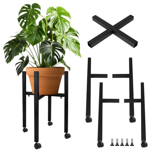 Pflanzentisch, Blumenhocker mit 4 Rollen, Pflanzenhocker, Metall Blumenständer Schwarz für Töpfe 24-38 cm, Pflanzentisch und Pflanzenhocker für Garten, Balkon, Wohnzimmer, Indoor und Outdoor Deko