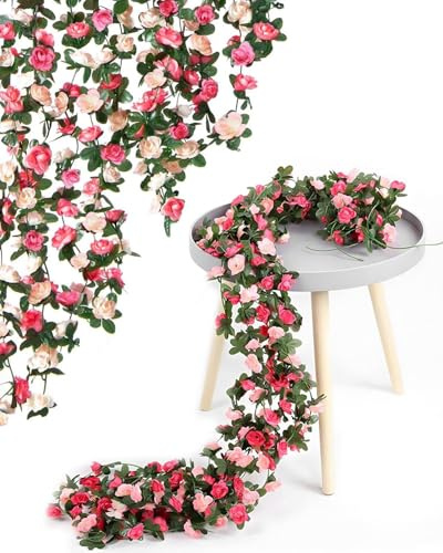 Evolpor 8 Pack Artificial Flower Garland Decoration, Fake Hanging Flowers with Pink Roses, Artificial Flowers Garland for Decoration, Wedding Arch, Bedroom Wall, Party Backdrop (2.4m)
