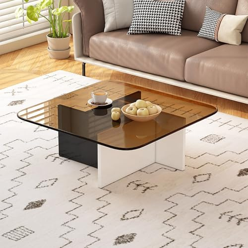 NEHCFO Table Basse Carrée en Verre Trempé avec Base en Bois Massif, Résistante aux Rayures, Table Basse Moderne pour Salon, Petit Espace, Minimaliste et Pratique(Color-7,70cm)