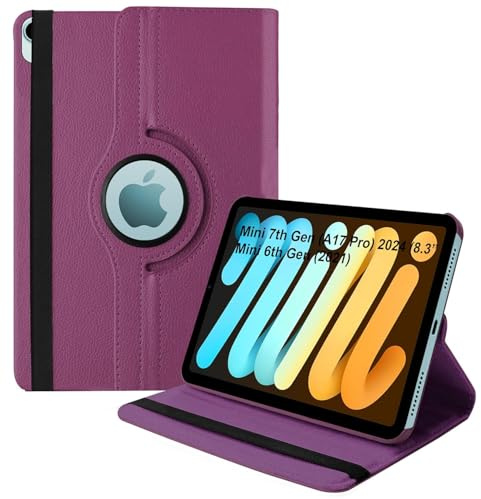 Worldbiz Case for iPad Mini 7 (A17 Pro, 2024) / iPad Mini 6 2021 8.3-Inch, 360 Degree Rotating Leather Protective Stand Cover, Auto Wake Sleep, A2995/A2996/A2567/A2568 (Purple)
