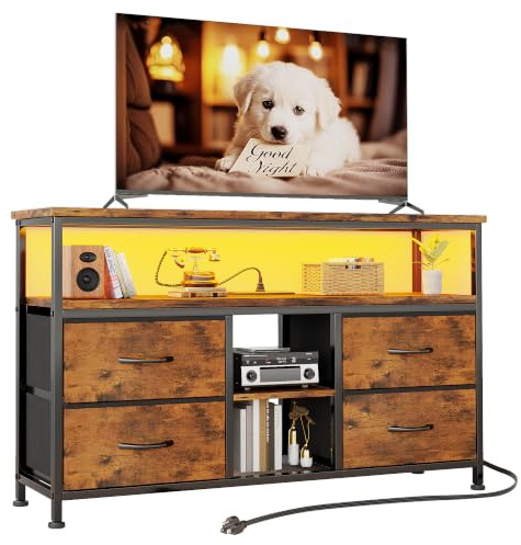 VERMESS 110cm TV Stand, TV Cabinet with Power Outlets & LED Light, 4 Fabric Drawers TV Unit for TVs Up to 55 inch, Entertainment Center for Living Room, Bedroom, Vintage