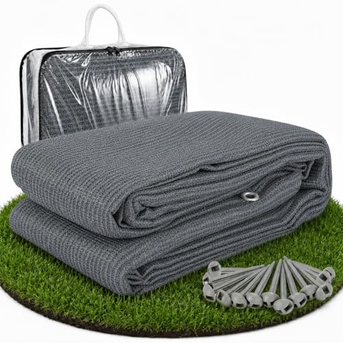 Vkechh Vorzeltteppich Camping Teppich, Zeltteppich 100% HDPE Campingteppich Outdoor, Atmungsaktiv, für Wohnwagen, Wohnmobil, Terrasse, mit ösen Tragetasche, Heringen