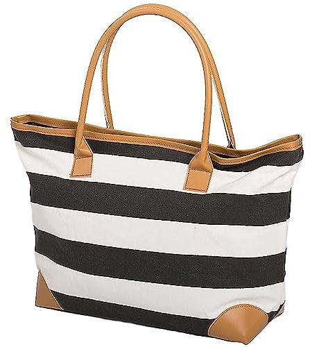 AIREE FAIREE Beach Bag Womens Canvas Summer Tote Bags Striped Nautical Shopper 46 x 32 x 13 cms Closure Magnetic Clasp , L, Black