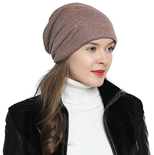 DonDon Mütze Damen Wintermütze Slouch Beanie gefüttert mit Stern Glitzersteinen Gold - Hellbraun