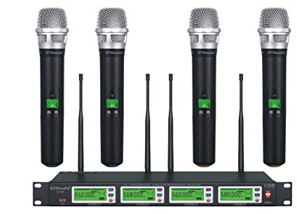 GTD Audio 4x800 Selectable Frequency Channel UHF Diversity Wireless Hand-held/Lavaliere Headset Microphone Mic System (4 Hand held Mics)