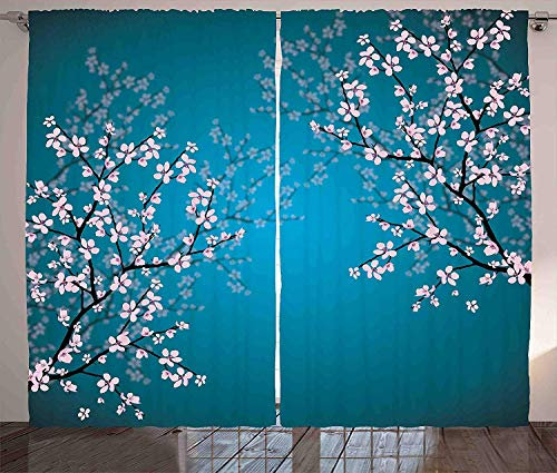 ABAKUHAUS Japonais Rideaux, Motif Sakura Bloom, Décoration Intérieure Accent Lot de 2 Panneaux, 280x245, Rose Clair Bleu