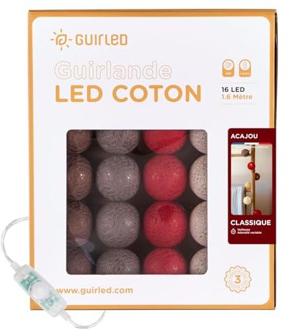 GuirLED - LED Baumwollkugeln Lichterkette USB - Baby Nachtlicht 2h - Dual USB 2A Netzteil enthalten - 3 Intensitäten - 16 Kugeln 1.6m - Mahagoni