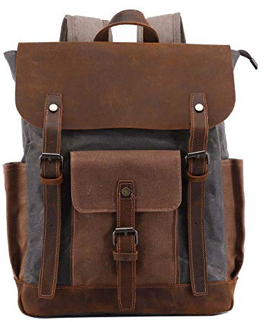 Neuleben Vintage Rucksack Wanderrucksack aus Canvas Leder Rucksäcke Schulrucksack Herren Groß Outdoorrucksack mit 14 Zoll Laptopfach (Grün)