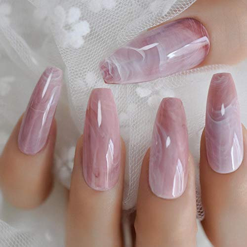 CSCH False Nails Long Marble Coffin Nail Natural Daily Pink Adult Full Artificial Nail Tips Designed Salon Smooth Press On Manicure