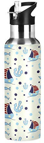 MNSRUU - Botella de agua para barco, aislada para niñas, niños, botella de agua de acero inoxidable con pajita, 20 oz