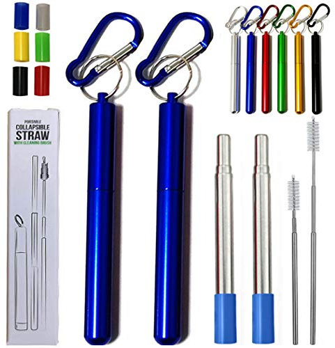 Hoshen Lot de 2 pailles télescopiques réutilisables en métal portables avec brosses et embouts en silicone avec étui Bleu