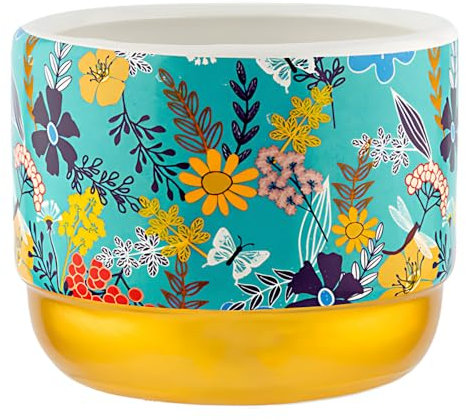 FabFinds Ceramic Planter Indoor Outdoor Round Decorative Flower Plant Pots (12cmX10cm, Gold&Blue Oriental Flower)