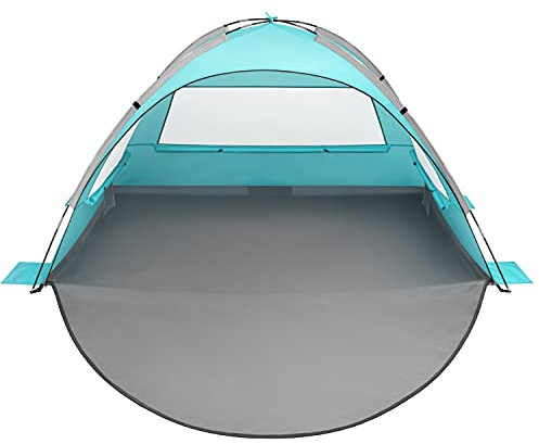 Oileus Strandzelt für 2–3 Personen, tragbarer Sonnenschutz, UV-Schutz, erweiterter Bodenbelüftung, Netzstoff, aufrollbar, Fenster, Tragetasche, Heringe, 6 Sandtaschen, Angeln, Camping, Himmelblau