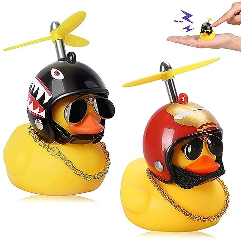 2 Stück Fahrradklingel Ente mit Helm Kleine Gelbe Ente Autodekoration Gummi Gelb Ente Auto Ornament Gummiente mit Helm Auto Dekoration Auto Gummi Ente Spielzeug, Mini Gelbe Ente Autozubehör