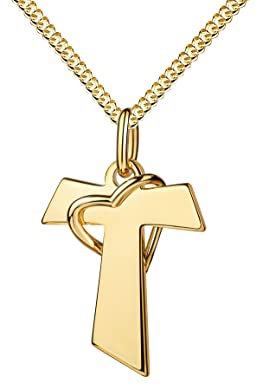 JEVELION Kreuzkette Antoniuskreuz TAUKREUZ T-Form mit Herz für Damen, Herren und Kinder Kreuzanhänger vergoldet mit Kette