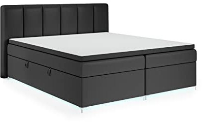 FEDVE Boxspringbett 200x200 Schwarz Öko-Leder – Kioto – Schlafzimmer Bett LED mit Matratze – Praktisches Kopfteil Bett mit Bettkasten – Gemütlich und Stabiles Dopplebett mit stauraum