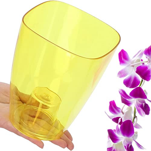B2C Plant Orchid Pot Plastic 8 Colours Gloss Oval Planter Transparent Clear 12 cm (Yellow transparent, Square)