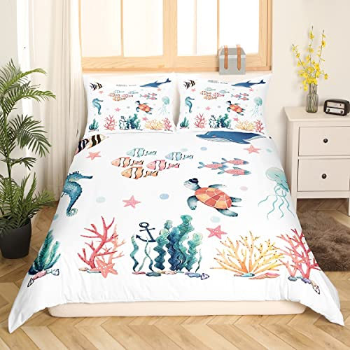 Loussiesd Aquarelle Meereslebewesen 135x200 Bettwäsche Kinder Meeresschildkröte Hippocampus Wal Deko Bettwäsche Set süßer Zeichentrickfilm Fische See-pferdchen Koralle Anker Bettbezug Set Bunt