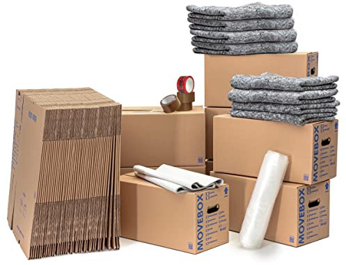 KK Verpackungen® Umzugsset 4-5 Zimmer | 125 Umzugskartons 2-wellig + 8kg Packseide + 3x 0,5x5m + 2x 1,0x5m Luftpolsterfolie + 3x 50x66lfm Klebeband Braun + 1x Vorsicht Glas + 8 Umzugsdecken 130x200cm