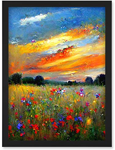 Doppelganger33 LTD Sunset Wildflower Peaceful Summer Meadow Oil Painting Artwork Framed Wall Art Print A4