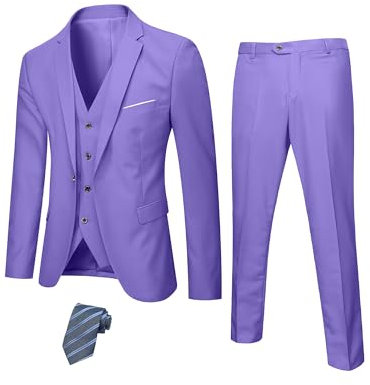 Hihawk, Completo da Uomo in 3 Pezzi con Tessuto Elasticizzato, Tinta Unita, Slim Fit, con Un Bottone, Giacca, Gilet e Pantaloni con Cravatta, Viola, S