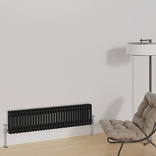 Warmehaus Designer-Heizkörper, horizontal, traditionell, 300 x 1460 mm, doppeltes Paneel, Gusseisen, Schwarz