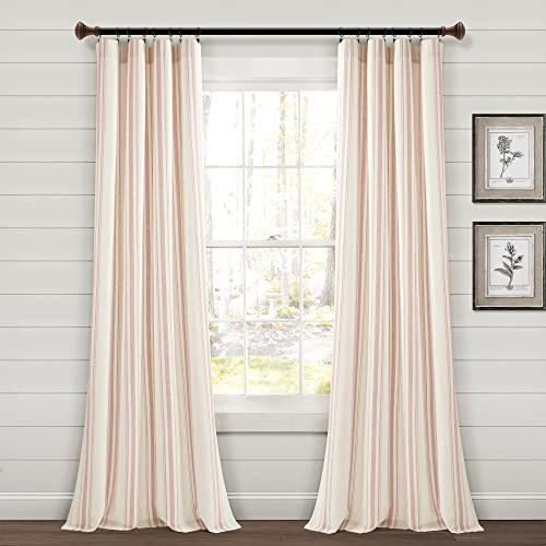 Lush Decor Farmhouse Stripe Yarn Dyed Eco-Friendly Recycled Cotton Blend Window Curtain Panel Pair, 42 W x 84 L, Pink - Classic Modern Rustic Charm - Eco Friendly Cotton Fabric