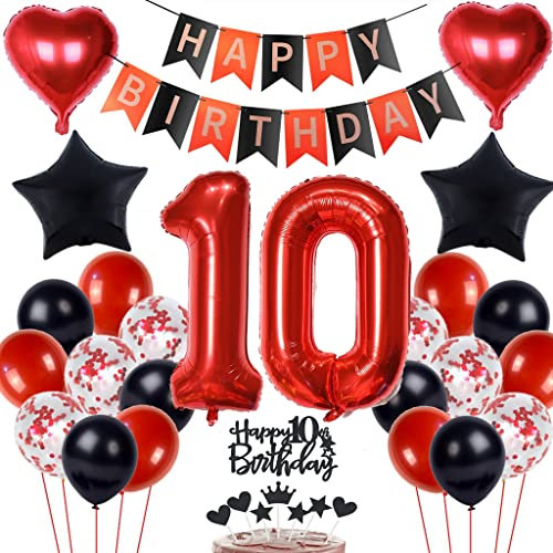 10 Geburtstag Deko Schwarzes Rot, Tortendeko 10. Geburtstag Dekoration Mädchen, Luftballon 10 Rot Schwarz Junge, Geburtstagsdeko 10 Jahr Mädchen, Tortendeko 10 Jahre