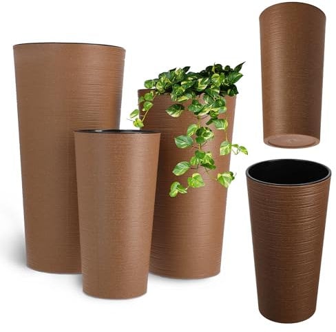 KADAX Maceteros Altos para Interior y Exterior, Macetas Grandes y Decorativas para Plantas de Gran Tamaño y Árboles Pequeños (Marrón, Juego de 3)