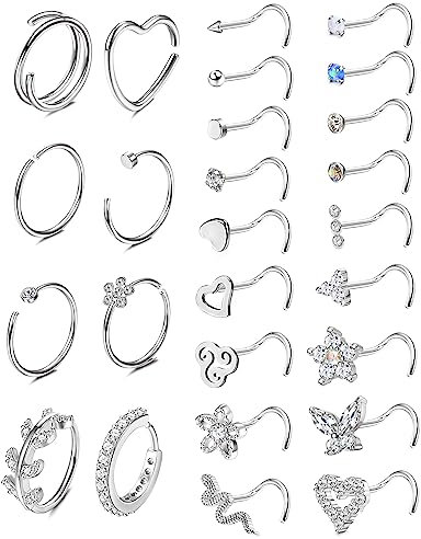 Adramata 26Pcs 20G Nasenpiercing Chirurgenstahl Nasenring Piercing Brillant Nasenstecker Schmetterling Schlangen Nostril Piercing Set Gold Silber Nasenstecker Nasenpiercing für Damen Herren