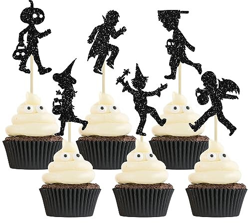 24Pcs Halloween Cupcake Toppers Black Glitter Trick or Treat Halloween Cupcake Picks for Halloween Theme Baby Shower Kids Boys Girls Birthday Party Cake Decorations Supplies