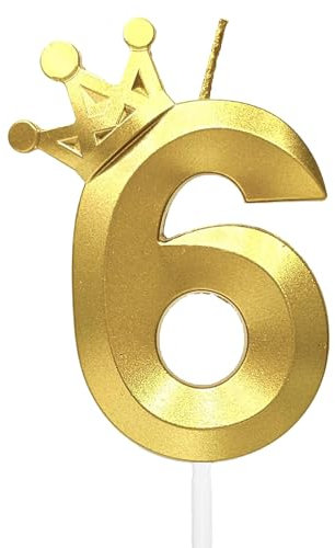 fre Gold Number 6 Birthday Candle | 6th Birthday Party Gold Theme Decors | 3D Crown Designed Number Candles for Birthday Cake Topper Decos (6 Candle)