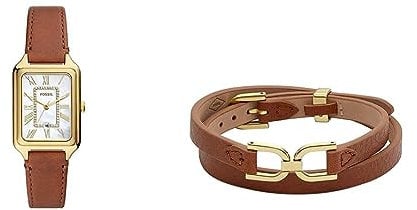 Fossil Damenuhr Raquel und Lederarmband Heritage - Dreizeiger-Datumswerk, Goldfarbene Edelstahluhr und mittelbraunes Armband