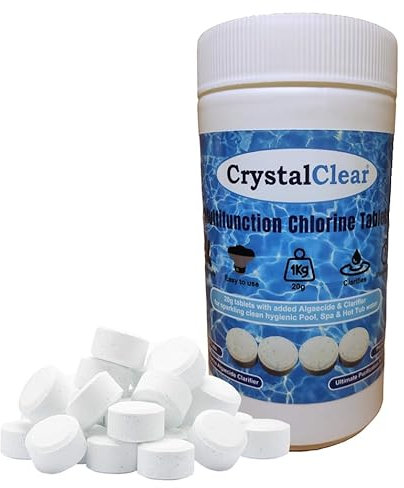 CrystalClear 1 kg Multifunction Chlorine Tablets, 4-in-1 Dispenser Tablets (Sanitiser, Stabiliser, Algaecide and Clarifier) for Pools and Hot Tubs, 50 x 20 g (1kg)