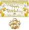 1 pieza de tela de fondo de bandera de feliz cumpleaños de 180 x 110 cm con 10 globos de lentejuelas doradas, decoraciones de fiesta, bandera colgante de decoración de atmósfera de celebración (oro)
