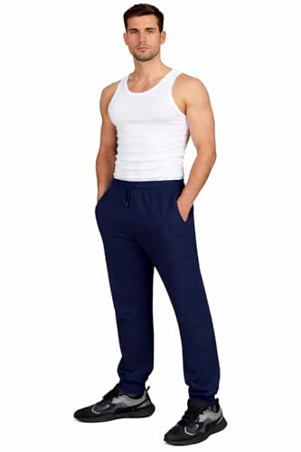True Face Mens Fleece Joggers Jogging Ribbed Bottoms Sweatpants with Zip Pockets Casual Elasticated Pants Tracksuit Trousers for Workouts and Sports Navy M
